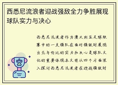 西悉尼流浪者迎战强敌全力争胜展现球队实力与决心
